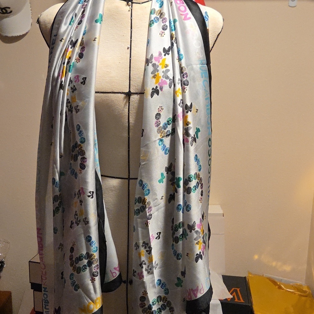 Chanel Coco RueCambon Cream Silk Scarf with Multicolor Logo Pattern - Picture 5 of 6